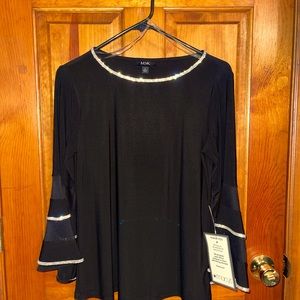 MSK black top with rhinestone trim! Sheer panels on bell sleeves. Fancy and fun!